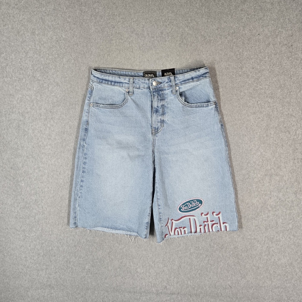 Von Dutch Women Shorts 5/27 Blue Denim Embroidered Grunge Y2K Baggy Skater NWT